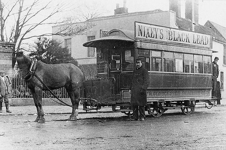 City of Gloucester Tramways Company single-deck saloon horse car No. 10 at India House in 1897.
