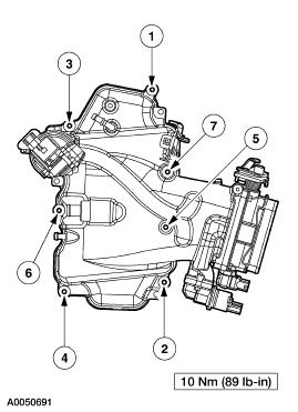 2. Install the upper intake manifold and bolts in the sequence shown. 3. Connect the vacuum hoses and the PCV coolant hoses. 4. Connect the EGR system module electrical connector. 5.