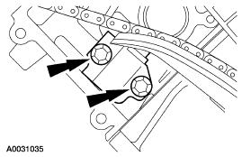 6. Remove the timing chain tensioning system from both timing chains. Remove the bolts. Remove the timing chain tensioners. Remove the timing chain tensioner arms. 7.