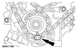 13. Install the RH timing chain onto the crankshaft sprocket, aligning the copper (marked) link with the timing marks on the sprocket. 14.