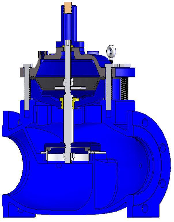 Introduced fluid on the upper membrane part, this do that the piston down, and therefore causes a hermetic valve seal. The opening is produced evacuating the fluid of the membrane chamber.