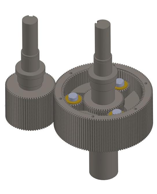 The planet carrier is attached to the output shaft causing it to rotate in the same direction as the input shaft but with a reduction ratio ranging from 3:1 to 10:1 depending on the relative size of