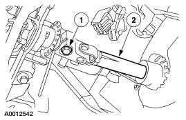 11. Remove the tunnel brace trim cover. 12. Remove the instrument panel tunnel brace. 1. Remove the nuts. 2. Remove the brace. 13. Position the steering column brace aside. 1. Remove the nut. 2. Position the steering column brace aside. 14.