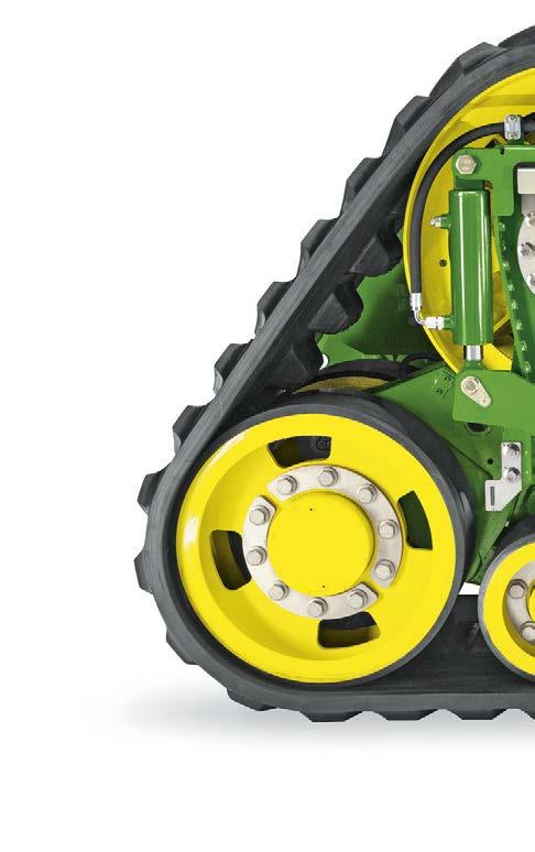 32 Maximum traction All conditions The John Deere tracks spread the load evenly over all fi ve traction wheels. So, in challenging conditions, you re still harvesting when others have stopped.