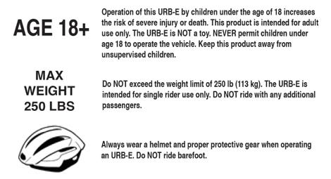 OPERATING PROCEDURES: YOUR FIRST URB-E RIDE: For your first URB-E ride, we recommend you go to an area away from cars, pedestrians, other cyclists, and potential hazards in order to practice and