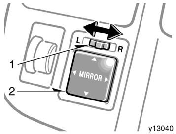 Power rear view mirror control Do not adjust the mirror while the vehicle is moving. It may cause the driver to mishandle the vehicle and an accident may occur resulting in personal injuries.