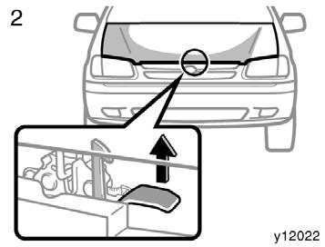 Theft deterrent system 2. In front of the vehicle, pull up the auxiliary catch lever and lift the hood. 3. Hold the hood open by inserting the support rod into the slot.