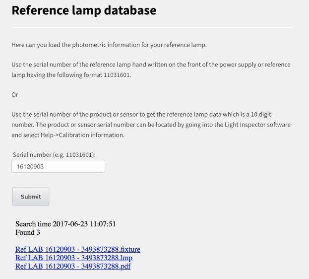 Type in the serial number from the Cali T50 case or lamp, in the reference lamp database and press submit.