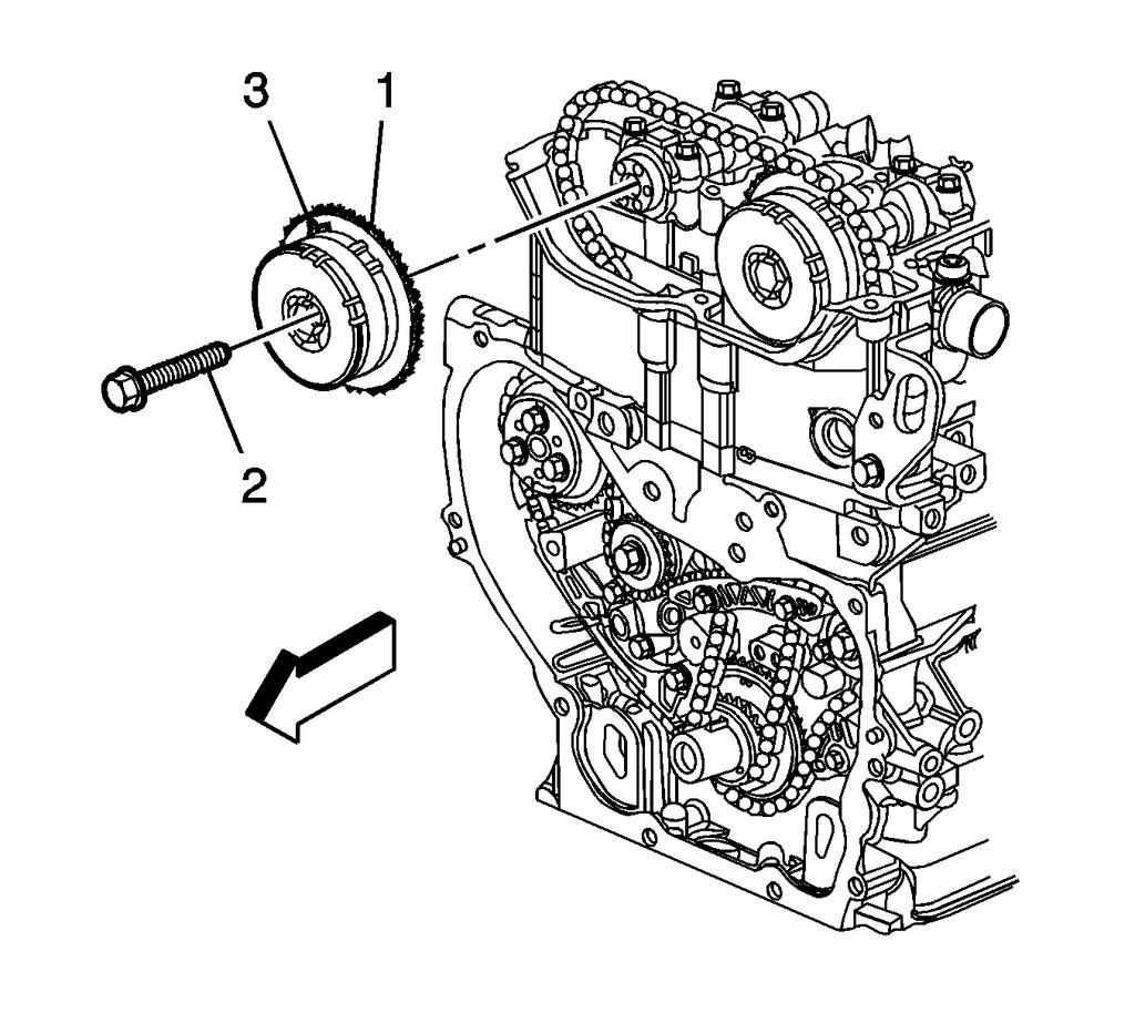 7. Install a 24 mm wrench on the hex on the exhaust camshaft in order to hold the camshaft. 8. Remove and discard the exhaust camshaft actuator bolt (2). 9.