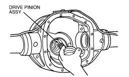 Drive Pinion Assembly Installation STEP 1: From rear of rear axle housing, install drive pinion assembly (drive pinion, drive pinion bearing adjustment shims, differential pinion bearing and