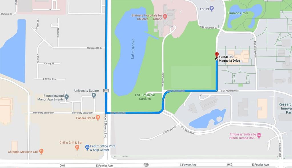 OR you may enter campus at 2. Bruce B. Downs Blvd & USF Pine. (Map below) When on Bruce B. Downs turn ONTO USF Pine Drive and follow the road to the left.