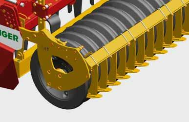 Harvest residues remain on the surface of the soil and protect the soil against drying. Coated scrapers (standard) prevent soil sticking to the roller. Prism-packer roller Prism rings spaced at 4.