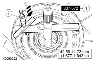 Page 12 of 22 2.56-2.46 mm (0.101-0.097 in) 25. Using the special tool, measure end clearance for the No. 1 front pump thrust washer. 1. Position the special tool on the pump case mounting surface.
