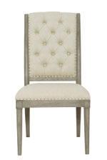 Upholstered button-tufted inback and upholstered outback with tape and nailhead trim. No leather option. Gray Cashmere finish.