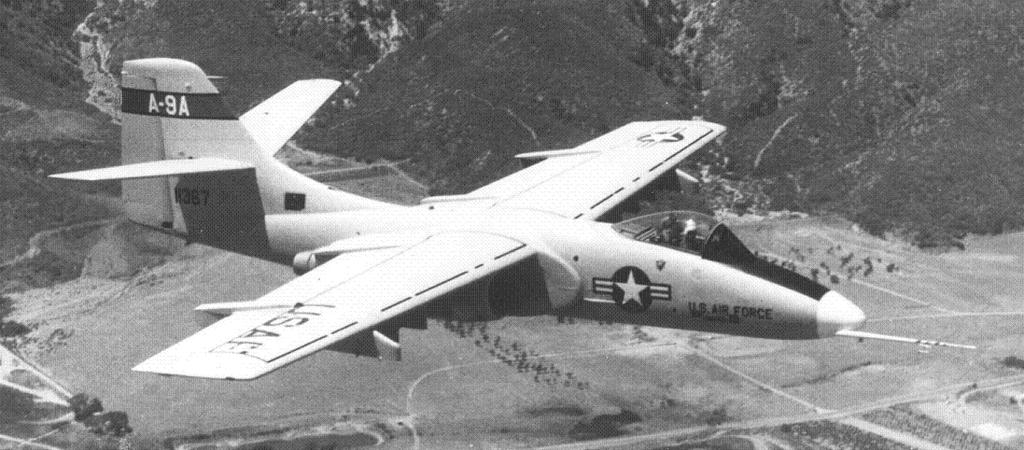 A-9 Northrop Specifications: span: 57', 17.37 m length: 53'6", 16.31 m engines: 2 Lycoming YF102-LD-100 max.