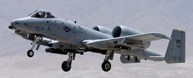 A-10 Fairchild Thunderbolt II Specifications: span: 57'6", 17.53 m length: 53'4", 16.25 m engines: 2 General Electric TF34-GE-100 max.