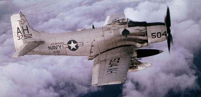 A-1 Douglas Skyraider Specifications: span: 50', 15.24 m length: 38'2", 11.63 m engines: 1 Wright R-3350-26W max.