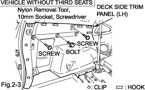 (2) Remove 3 bolts from deck side trim panel (LH) and remove deck side trim cover. (d) Upon reassembly, tighten the bolt with 42.