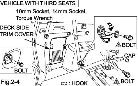(g) Vehicle with third seats only (h)-(i). (h) Deck side trim panel (LH). (1) Remove cap from deck side trim panel. (2) Remove 3 bolts from deck side trim panel. (LH) and remove deck side trim cover.