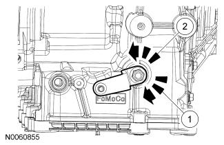 11. NOTICE: To prevent selector lever cable damage, do not apply force to the selector lever cable between the manual control lever and the selector lever cable bracket.