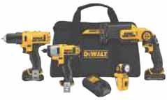 12V MAX LI-ION 4-TOOL COMBO KIT 12 V Battery Type: Lithium-Ion What's included: (1) DCD710 3/8" drill/driver, (1) DCF815 1/4" impact driver,