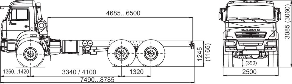 curb weight, kg 7865...855 / 7645 900...9700 - front axle, kg 455...4475 560...5460 - rear tandem axle, kg 40...4050 4040.