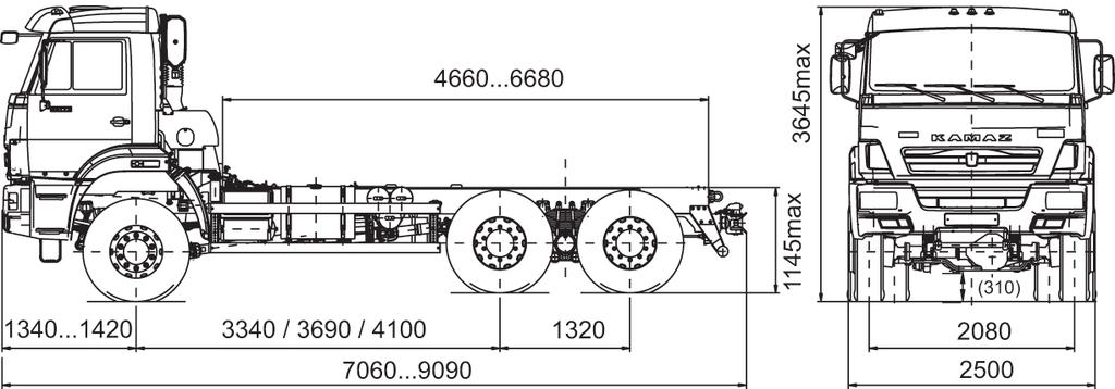 KAMAZ-65 / 58 6x6 (T54-T5) chassis Application Construction Dump truck V=8. m Payload 4 tn p.70-7 Fire-fighting Fire engine V=4 m p.80-8 Power unit Engine Make Euro-, EC- KAMAZ 740.