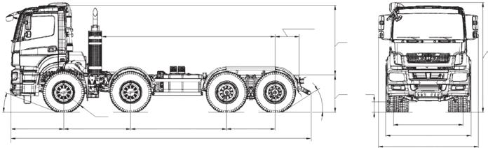 KAMAZ-6580 / 650 Luxe 8x4 (K4440-K444, K5044) chassis Note: the dump truck is shown as an example of chassis use Power unit Engine Make 7 575 R566 000 Dimensions with curb (gross) weight Dimensions