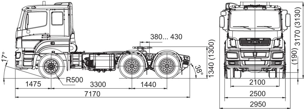 rear tandem axle, kg 95 Gross vehicle weight, kg 6000 - front axle, kg 7000 - rear tandem axle, kg 9000 Fifth wheel load, kg 6750 Semi-trailer permissible weight, kg 4750 Gross combined weight