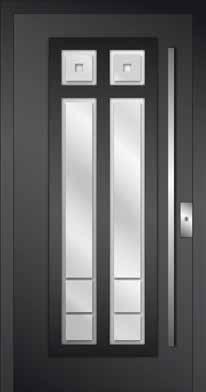 800 stainless steel door pull Glazing (center): sandblasted glass with transparent strips Glazing