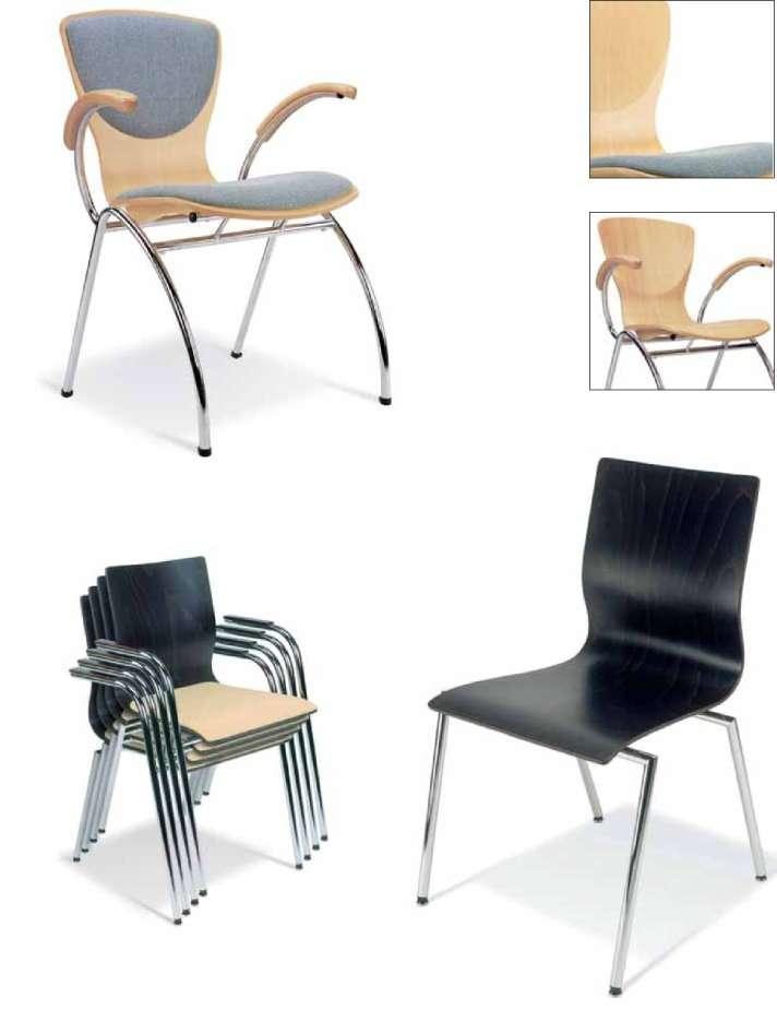 TUBULAR STEEL CHAIRS Model 30053 Seat shell made of beech plywood, wooden armrests, stackable, plastic glides, chrome-plated frame 98,00 / 116,62 Model 30054 With seat cushion 105,00 / 124,95 Seat