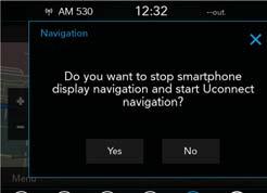 If you are using the native Uconnect navigation system, and you try and start a new route using CarPlay, via voice or any other method, a pop-up will appear asking if you would like to switch from