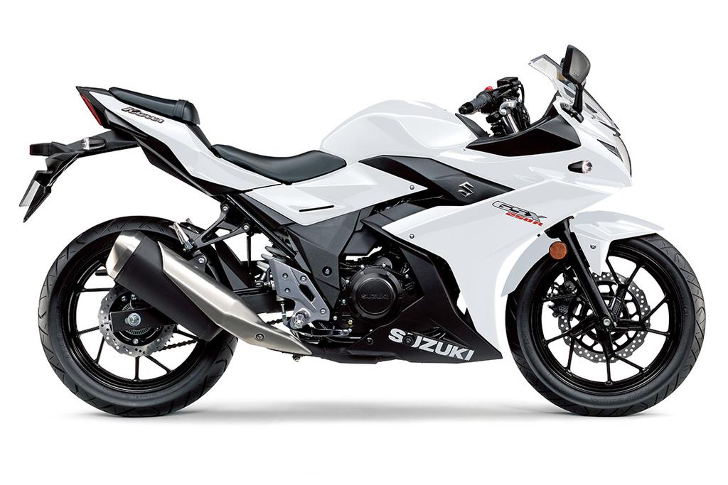 GSX250RL8 QHW: Pearl Glacier White No. 2 Chassis Features The Katana essence is present in the GSX250R s full bodywork that features a sporty and aggressive style with a futuristic flair.