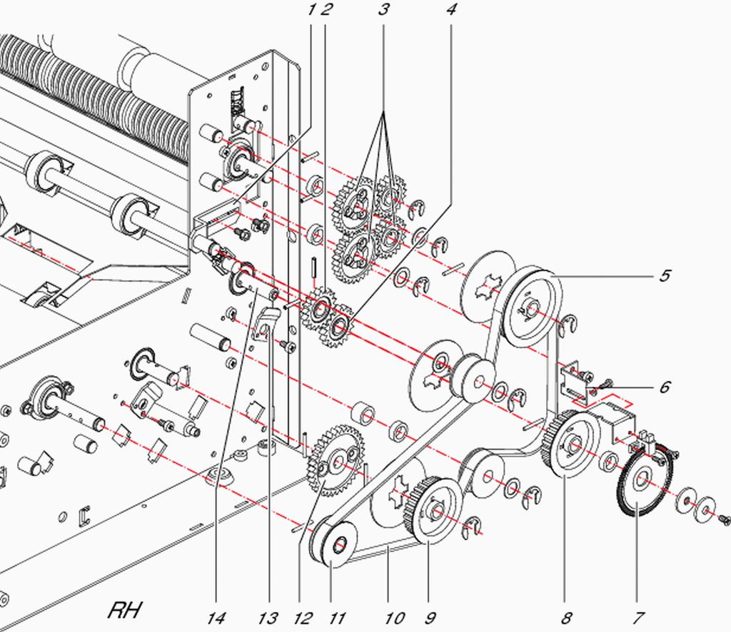 PJ-belt For removal of the PJ-belt (2): 1. Disassemble the main drive belt for the feeder and folder section. See section "Drive mechanism right-hand - Belts and pulleys on page 1". 2.