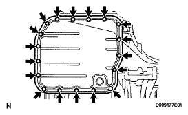 Fig. 230: Identifying Oil Pan Bolts b. Remove the oil pan and 3 magnets. c. Remove the gasket from the oil pan. 10. INSPECT AUTOMATIC TRANSAXLE OIL PAN SUBASSEMBLY (See INSPECTION ) 11.
