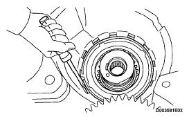 a. Using a screwdriver, pry out the snap ring from the transaxle. Fig. 274: Identifying Prying Snap Ring From Transaxle b. Remove the 1-way clutch from the transaxle. Fig. 275: Identifying 1-Way Clutch c.