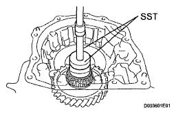 67. INSPECT 1ST AND REVERSE BRAKE RETURN SPRING SUB-ASSEMBLY (See INSPECTION ) 68. REMOVE COUNTER DRIVE GEAR a. Using SST and a press, press out the counter drive gear from the transaxle.