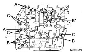 58. INSTALL TRANSMISSION VALVE BODY ASSEMBLY a. Make sure that the manual valve lever position, install the valve body with the 17 bolts to the transaxle. Torque: 11 N*m (112 kgf*cm, 8 ft.
