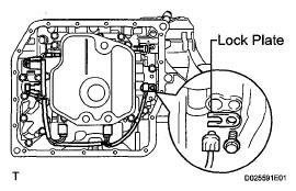 Fig. 440: Identifying Bolt And Lock Plate 59. INSTALL VALVE BODY OIL STRAINER ASSEMBLY a. Coat a new O-ring with ATF, and install it to the oil strainer. Fig.