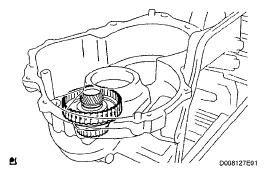 Fig. 550: Identifying Snap Ring c. Remove the clutch balancer and piston return spring from the underdrive clutch drum. Fig. 551: Identifying Clutch Balancer And Piston Return Spring d.