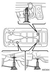 Positioning the jack JACK POINTS: Front Under the frame side rail Left rear Under the rear axle housing Right rear