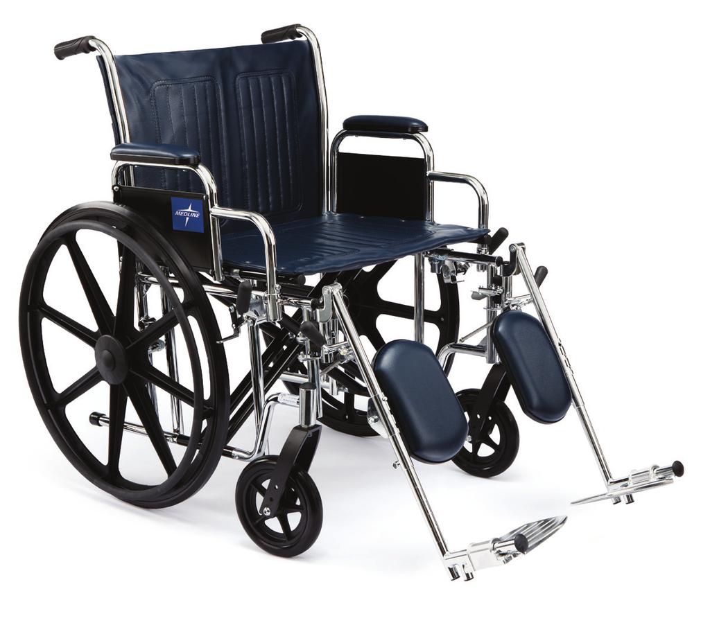 MDS806850 Extra-Wide Wheelchairs» Carbon steel frame with rust- and chip-resistant chrome plating» Upholstered, padded armrests and calf pads» Chart pocket on the back» Easy-to-clean vinyl