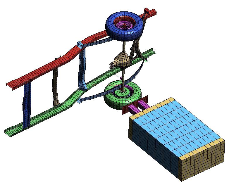 For the finite element simulation, parts were removed from the truck model in accordance to the test setup.