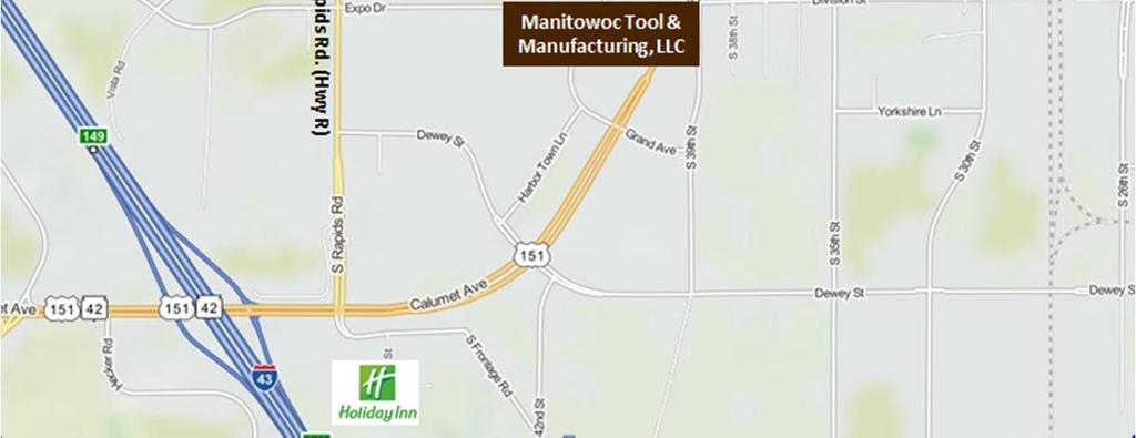 Take I-94 West (towards Madison) to I-43 North (towards Green Bay) to Manitowoc exit #149 (US Hwy 151 East) (Holiday Inn) Coming off I-43, merge right and immediately go to the left lane and enter