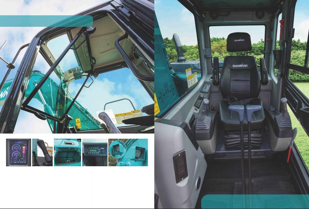 A perfect machine for urban construction and an expert on efficient and energy conservation Easy, comfortable and safe operation The front window of the cab can be turned over, with a skylight at the