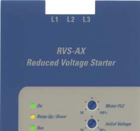 7. FRONT PANEL The RVS-AX front panel contains: (1) Five potentiometers for setting: Motor FLC, Initial Voltage, Current Limit, Ramp Up and Ramp Down.