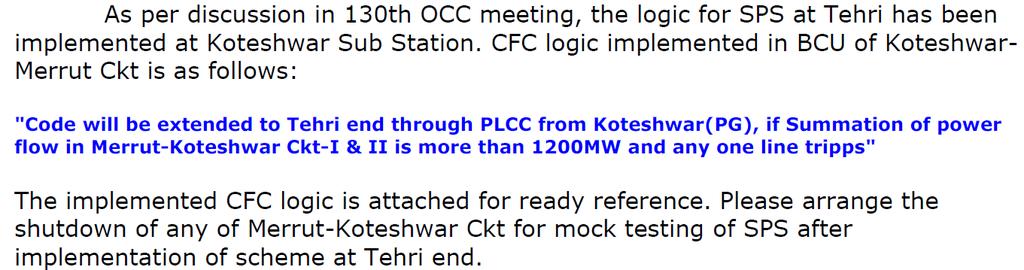 Existing SPS logic: Points discussed during the meeting: Reason of opening/ closing of main breaker of 400kV Meerut-Koteshwar ckt-1 at Meerut end without intimating RLDC.