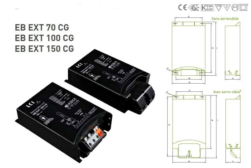 HID ELECTRONIC BALLASTS Reference Code Lamp current EB EXT 70 CG 1213010 70 W 78 W 350 ma +70 EB EXT 100 CG 12130 100 W 108 W 490 ma +75 EB EXT 150 CG 1213030 150 W 163 W 7 ma +80 Tc Without cable
