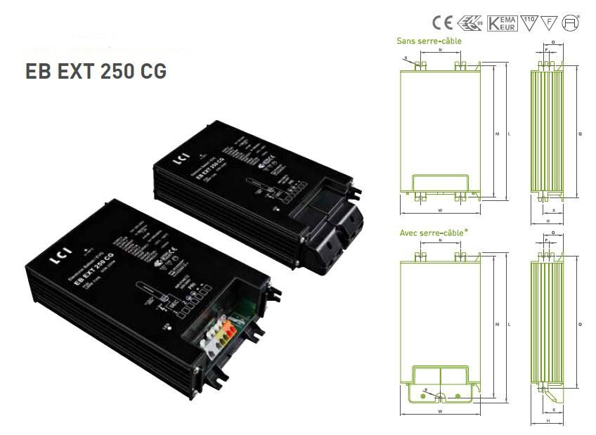 HID ELECTRONIC BALLASTS Reference Code Lamp EB EXT 250 CG 1213035 250 W 270-273 W current Tc 1.2 A +85 Without cable 44.8 x 110 x 192 (55 x 182.2) With cable clamp 44.8 x 110 x 7 (55 x 195.