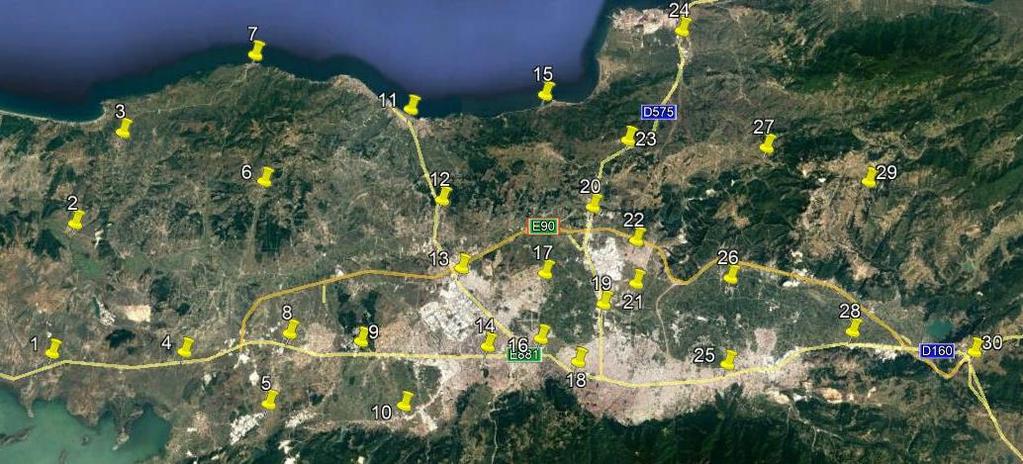 Fig. 2. Locations of the specified alternative wind-powered charging station points In order to evaluate the alternatives for C1, the average wind-speed map of the Bursa is used.
